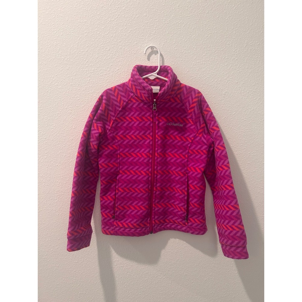 Columbia Girls Fleece Jacket Purple Pink Chevron Full Zip Mock Neck Size S 7/8